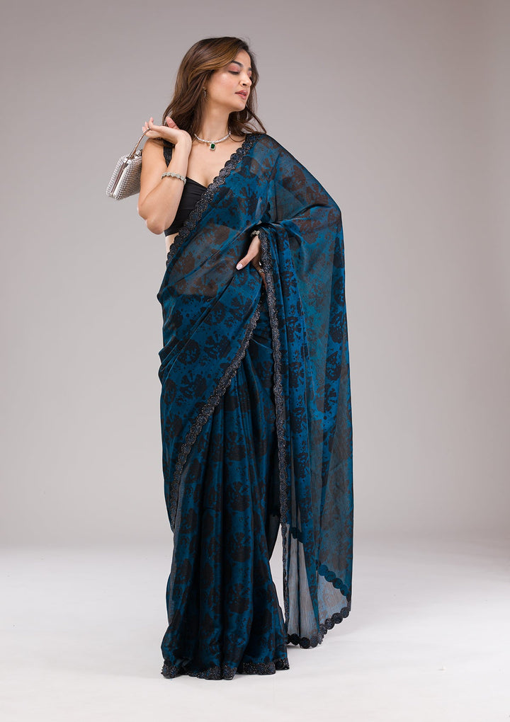 Peacock Blue Printed Organza Saree-Koskii