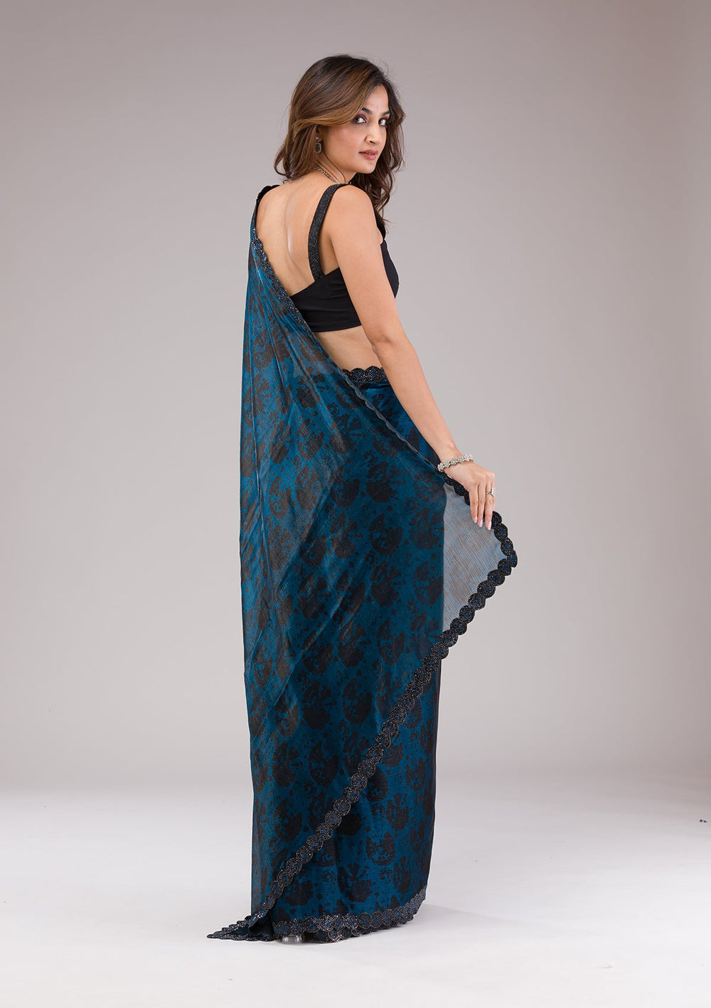 Peacock Blue Printed Organza Saree-Koskii