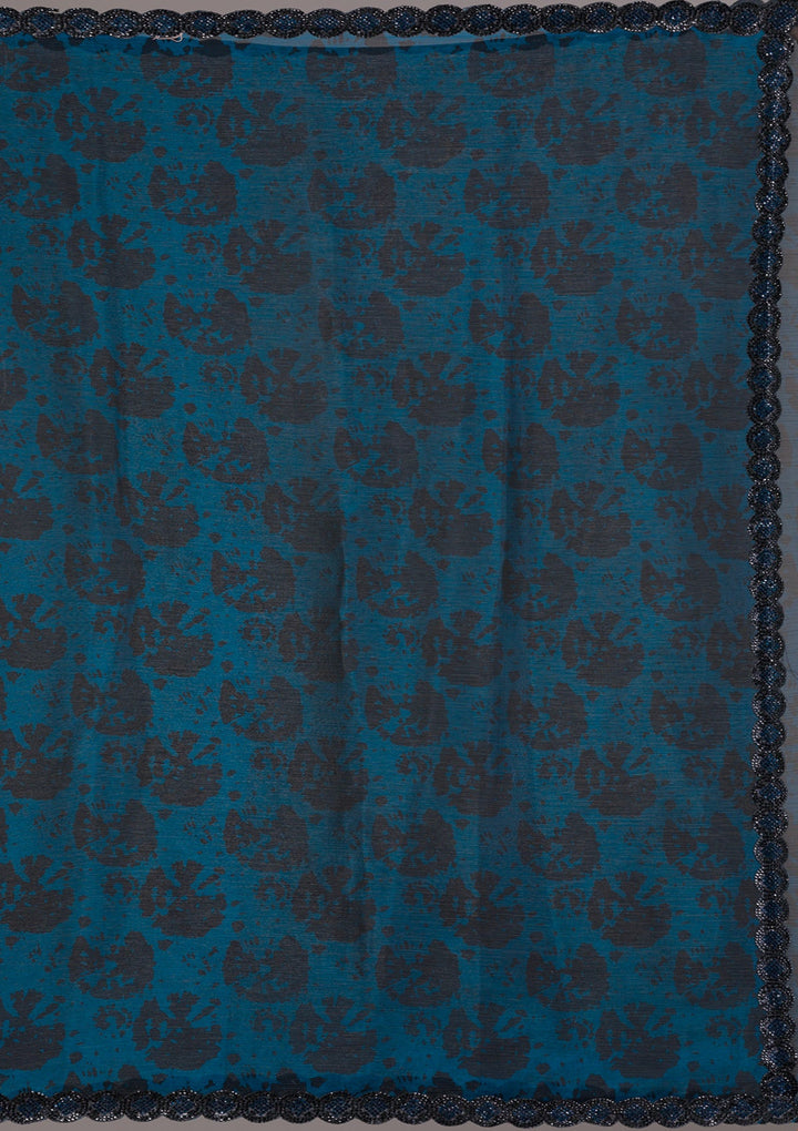 Peacock Blue Printed Organza Saree-Koskii