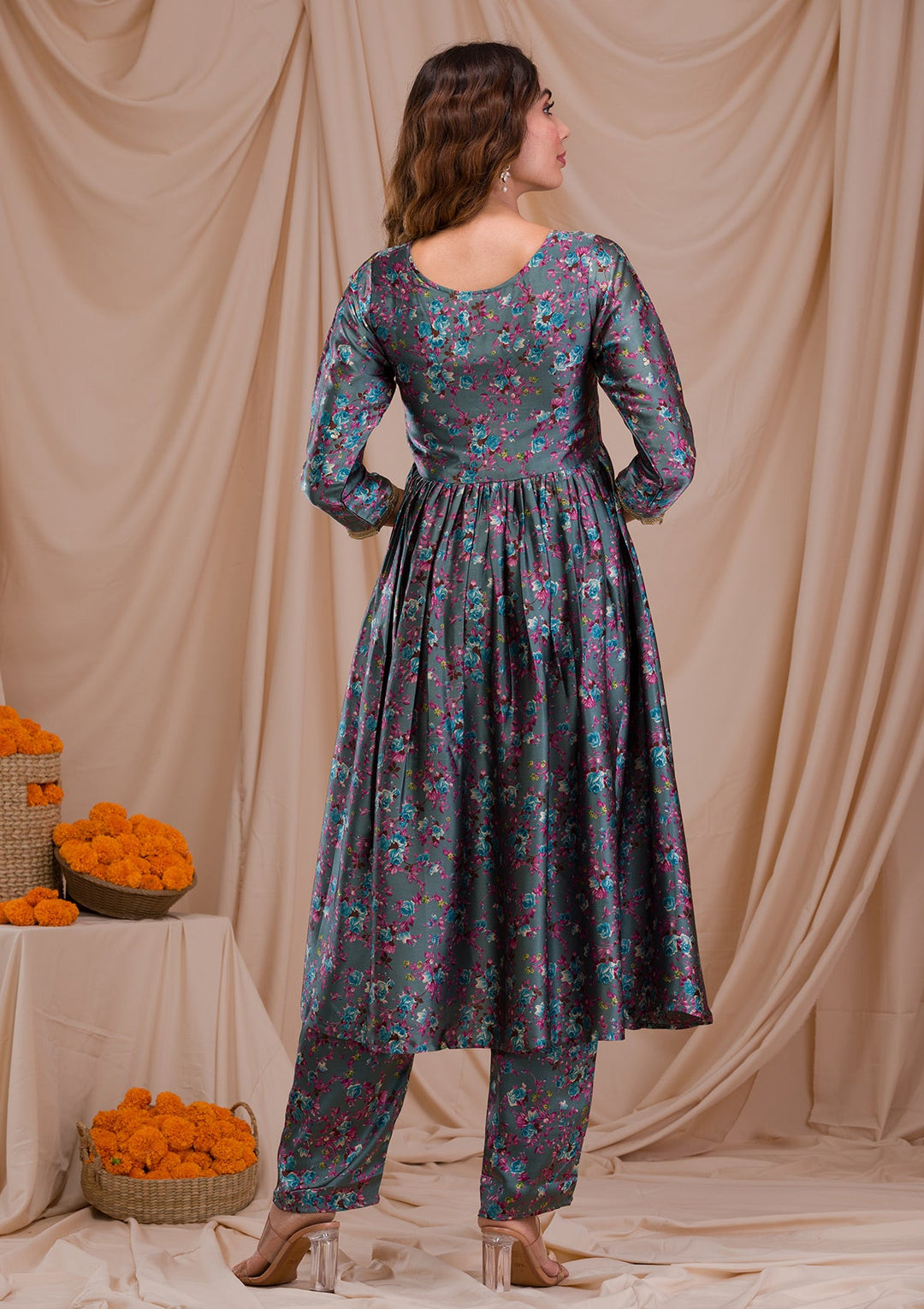Peacock Blue Printed Semi Crepe Readymade Salwar Suit-Koskii