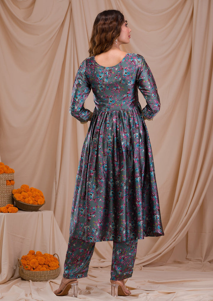 Peacock Blue Printed Semi Crepe Readymade Salwar Suit-Koskii
