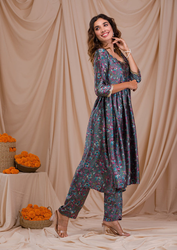 Peacock Blue Printed Semi Crepe Readymade Salwar Suit-Koskii