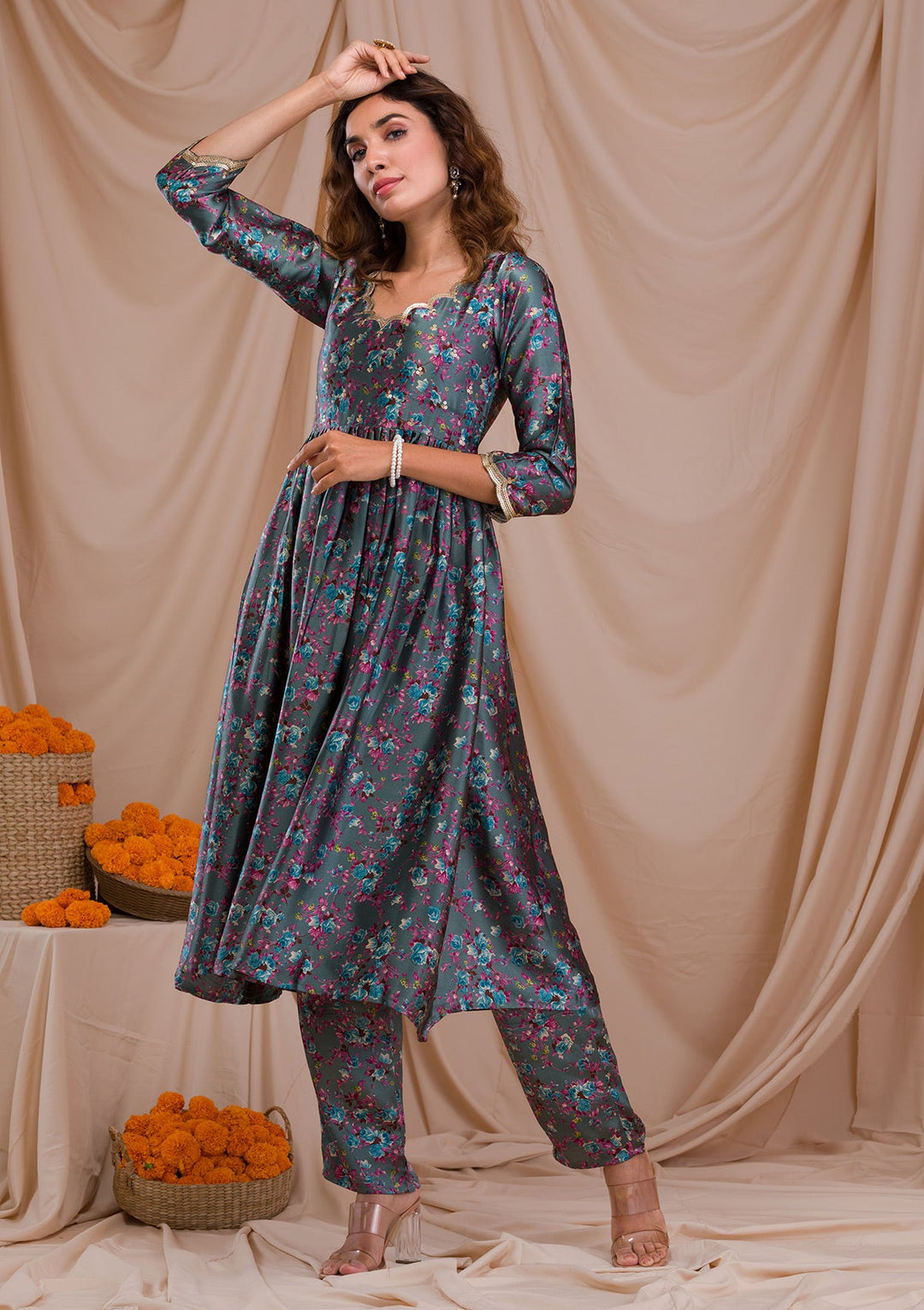 Peacock Blue Printed Semi Crepe Readymade Salwar Suit-Koskii