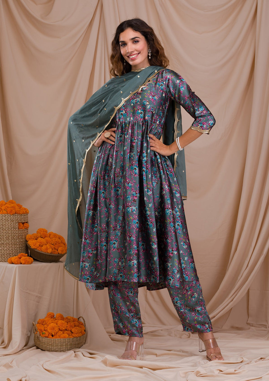 Peacock Blue Printed Semi Crepe Readymade Salwar Suit-Koskii