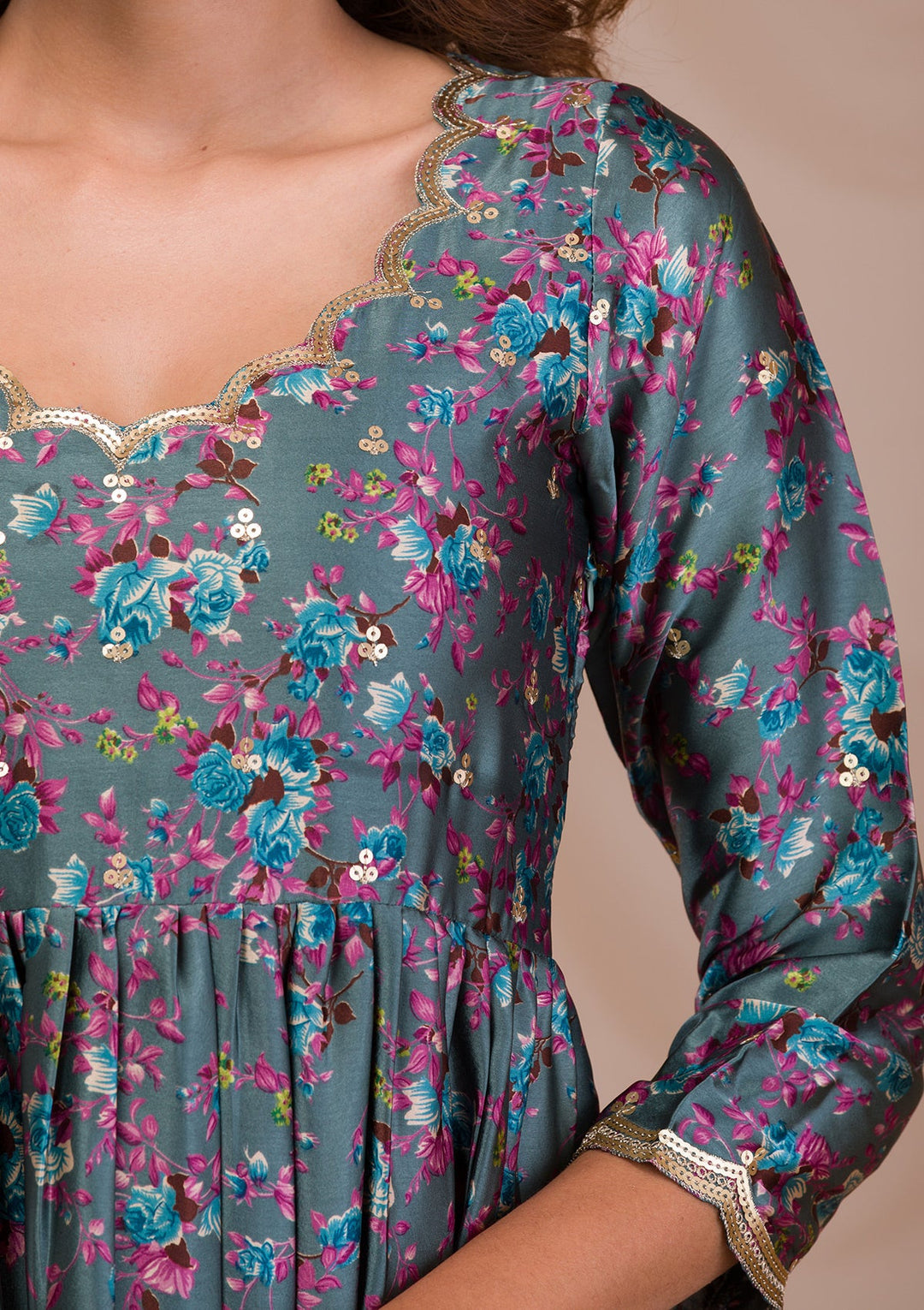 Peacock Blue Printed Semi Crepe Readymade Salwar Suit-Koskii