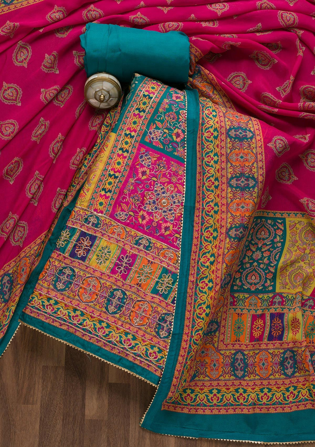 Peacock Blue Printed Semi Crepe Unstitched Salwar Suit-Koskii