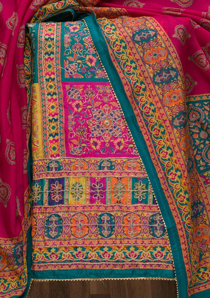 Peacock Blue Printed Semi Crepe Unstitched Salwar Suit-Koskii