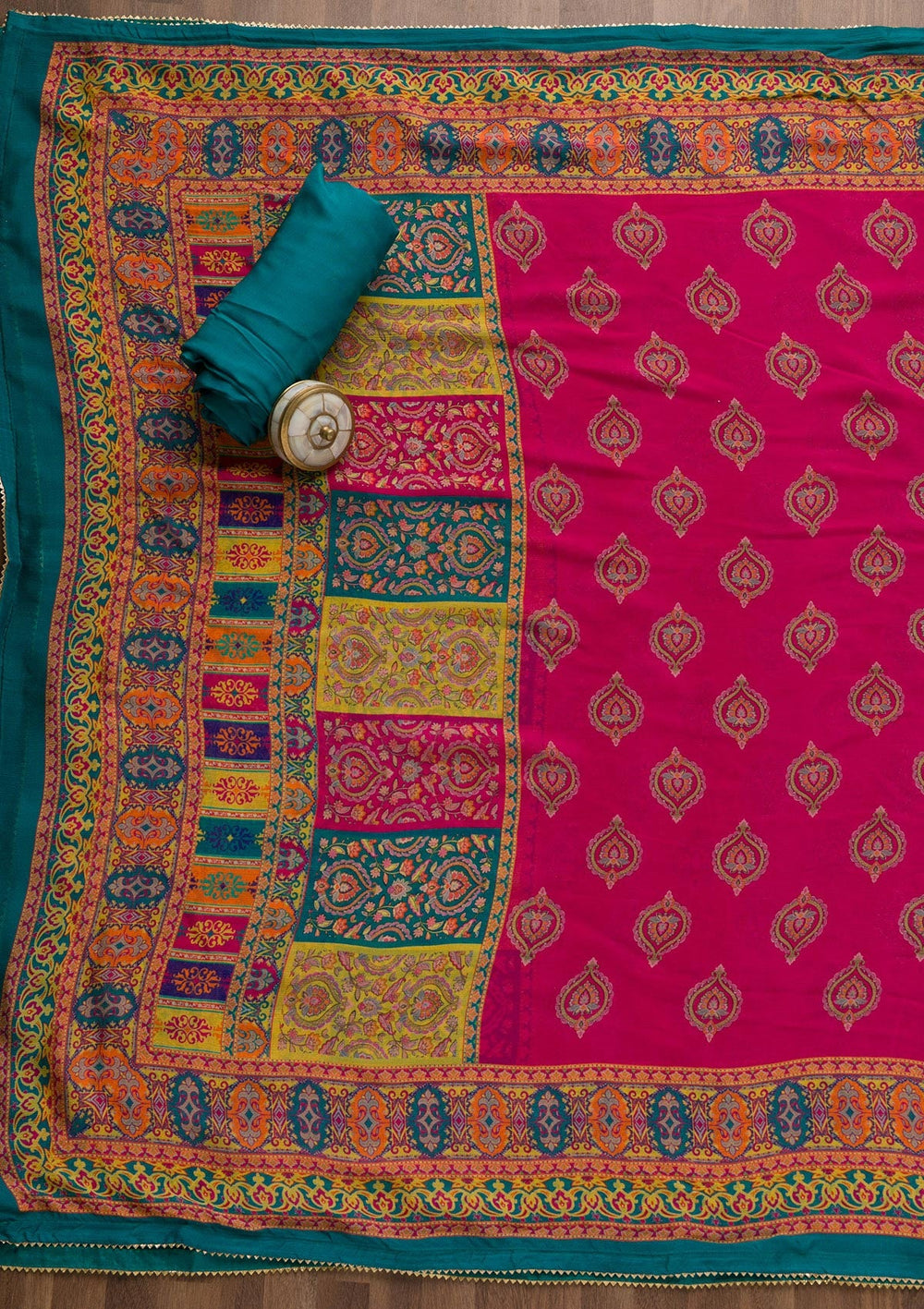 Peacock Blue Printed Semi Crepe Unstitched Salwar Suit-Koskii