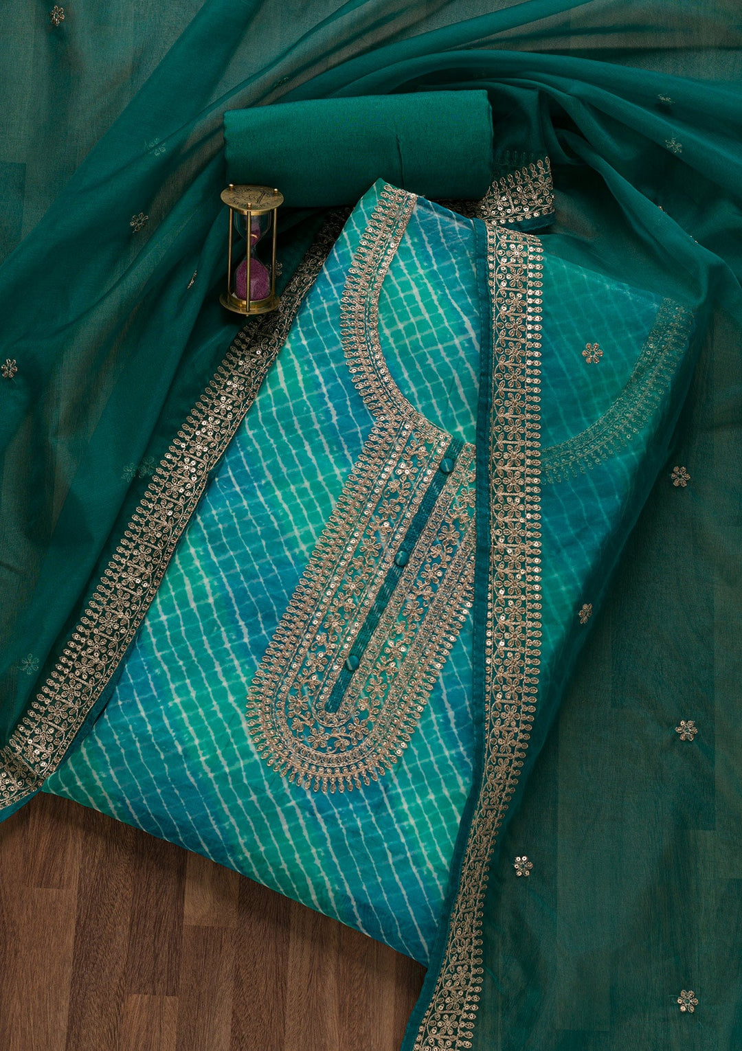 Peacock Blue Printed Tissue Unstitched Salwar Suit-Koskii