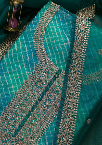 Peacock Blue Printed Tissue Unstitched Salwar Suit-Koskii