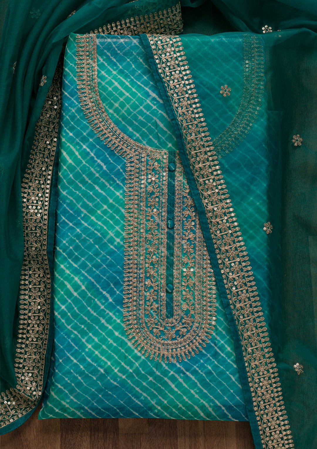 Peacock Blue Printed Tissue Unstitched Salwar Suit-Koskii