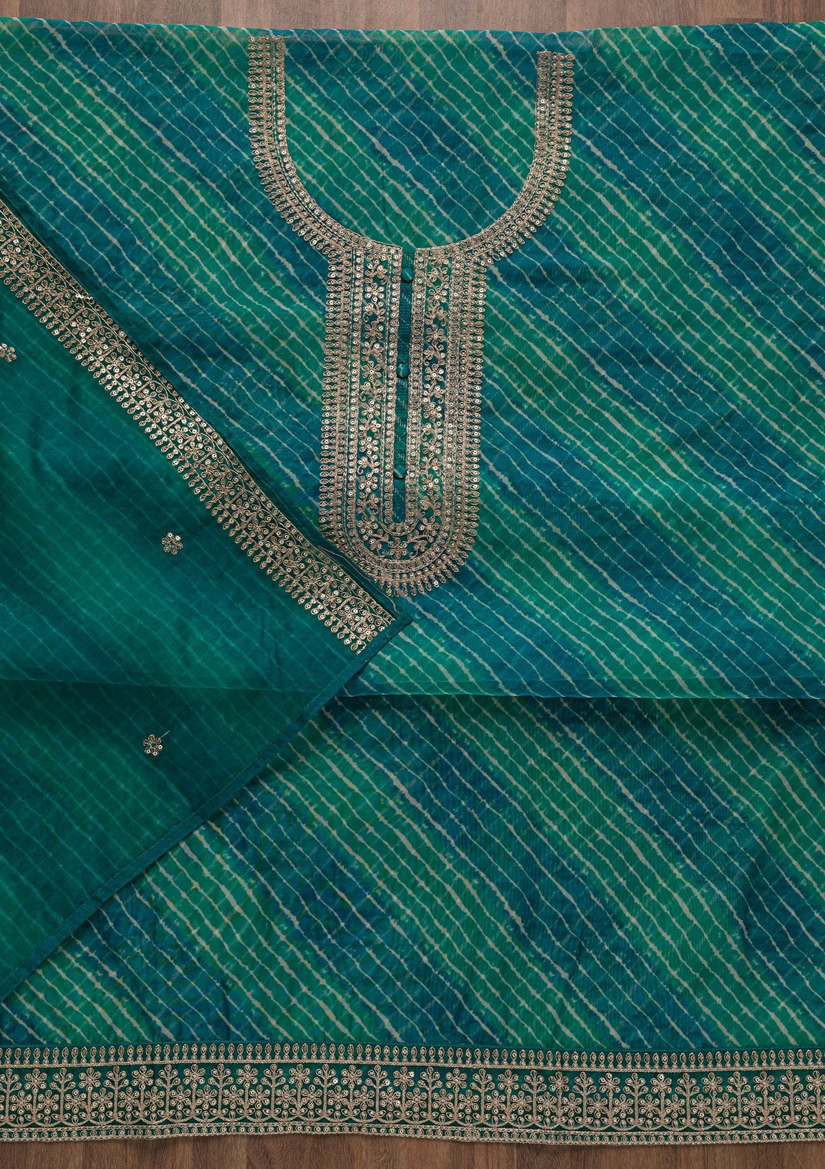 Peacock Blue Printed Tissue Unstitched Salwar Suit-Koskii