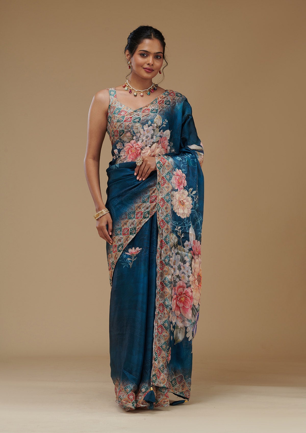 Peacock Blue Printed Tissue Saree-Koskii