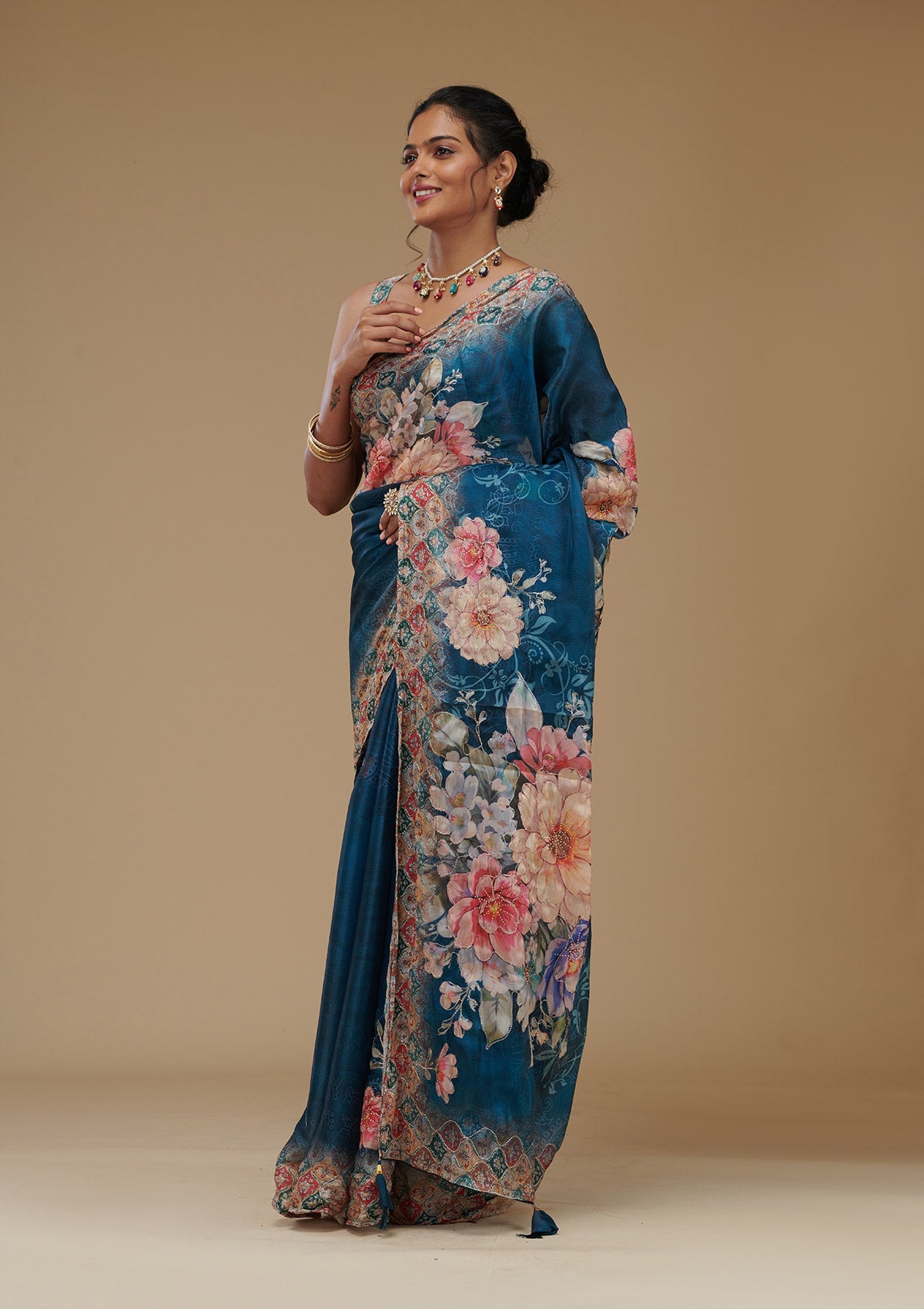 Peacock Blue Printed Tissue Saree-Koskii