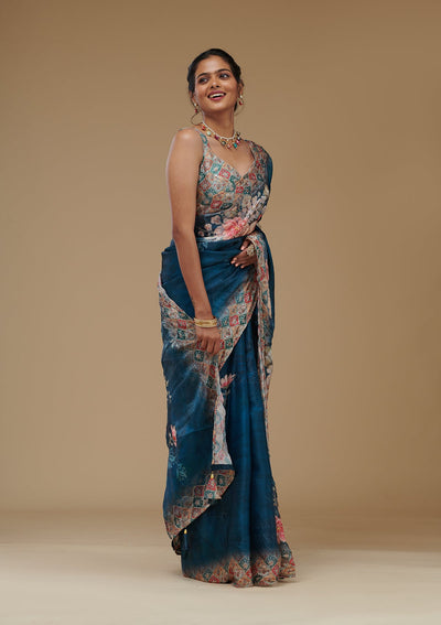 Peacock Blue Printed Tissue Saree-Koskii