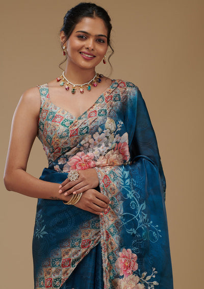 Peacock Blue Printed Tissue Saree-Koskii