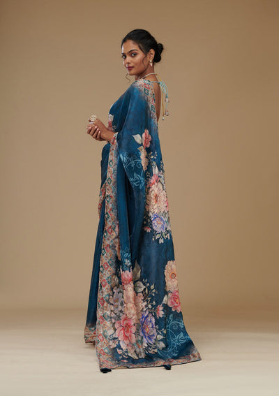 Peacock Blue Printed Tissue Saree-Koskii