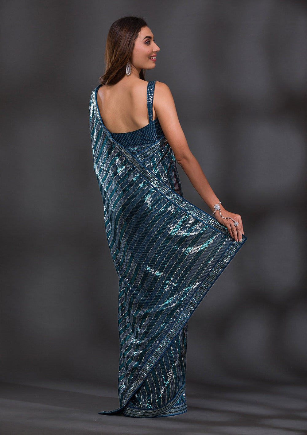 Peacock Blue Sequins Georgette Saree-Koskii