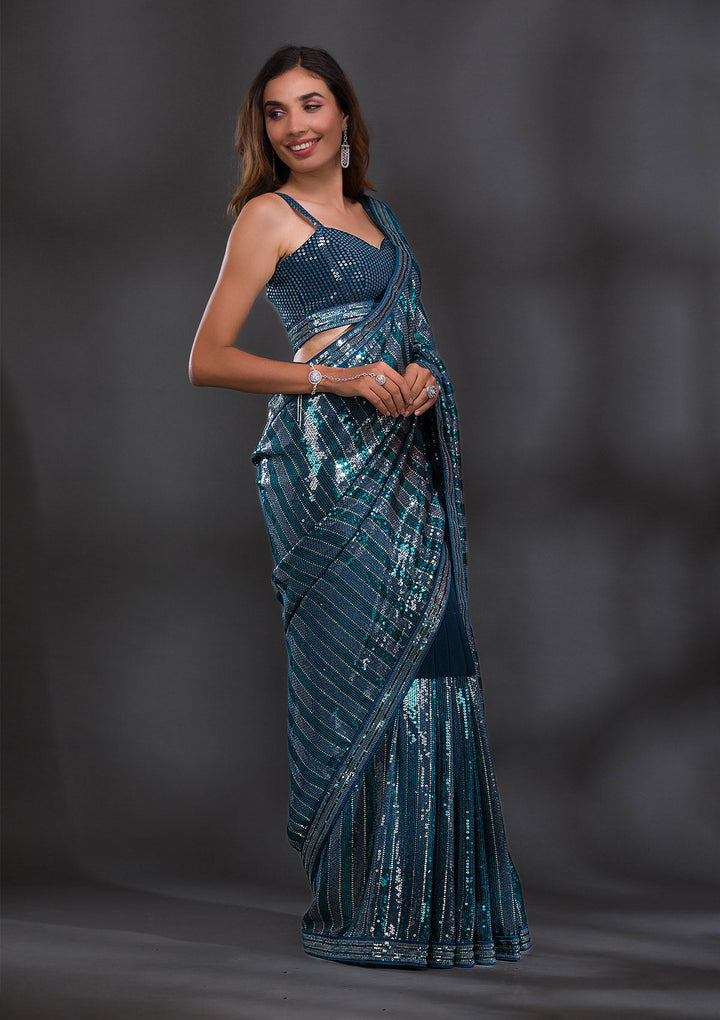 Peacock Blue Sequins Georgette Saree-Koskii