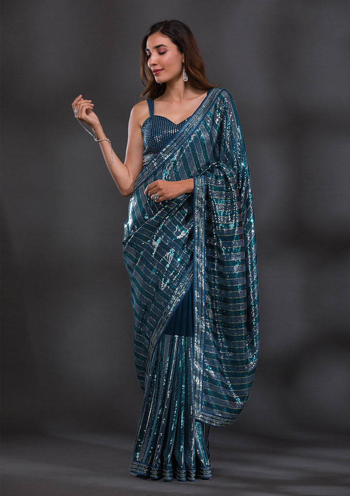 Peacock Blue Sequins Georgette Saree-Koskii