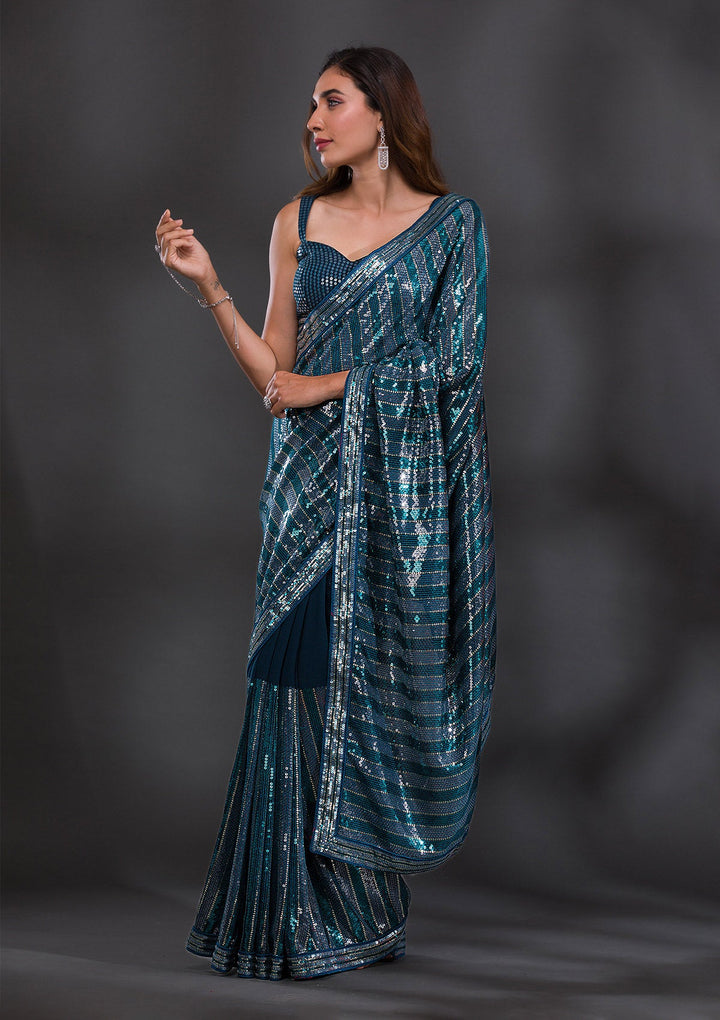 Peacock Blue Sequins Georgette Saree-Koskii