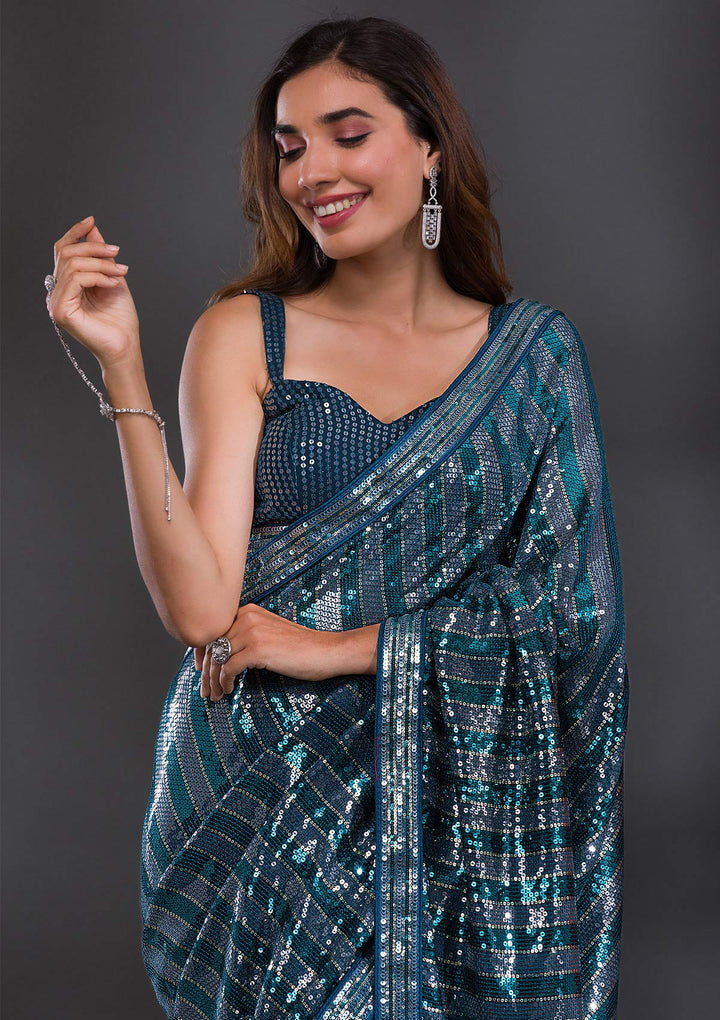 Peacock Blue Sequins Georgette Saree-Koskii