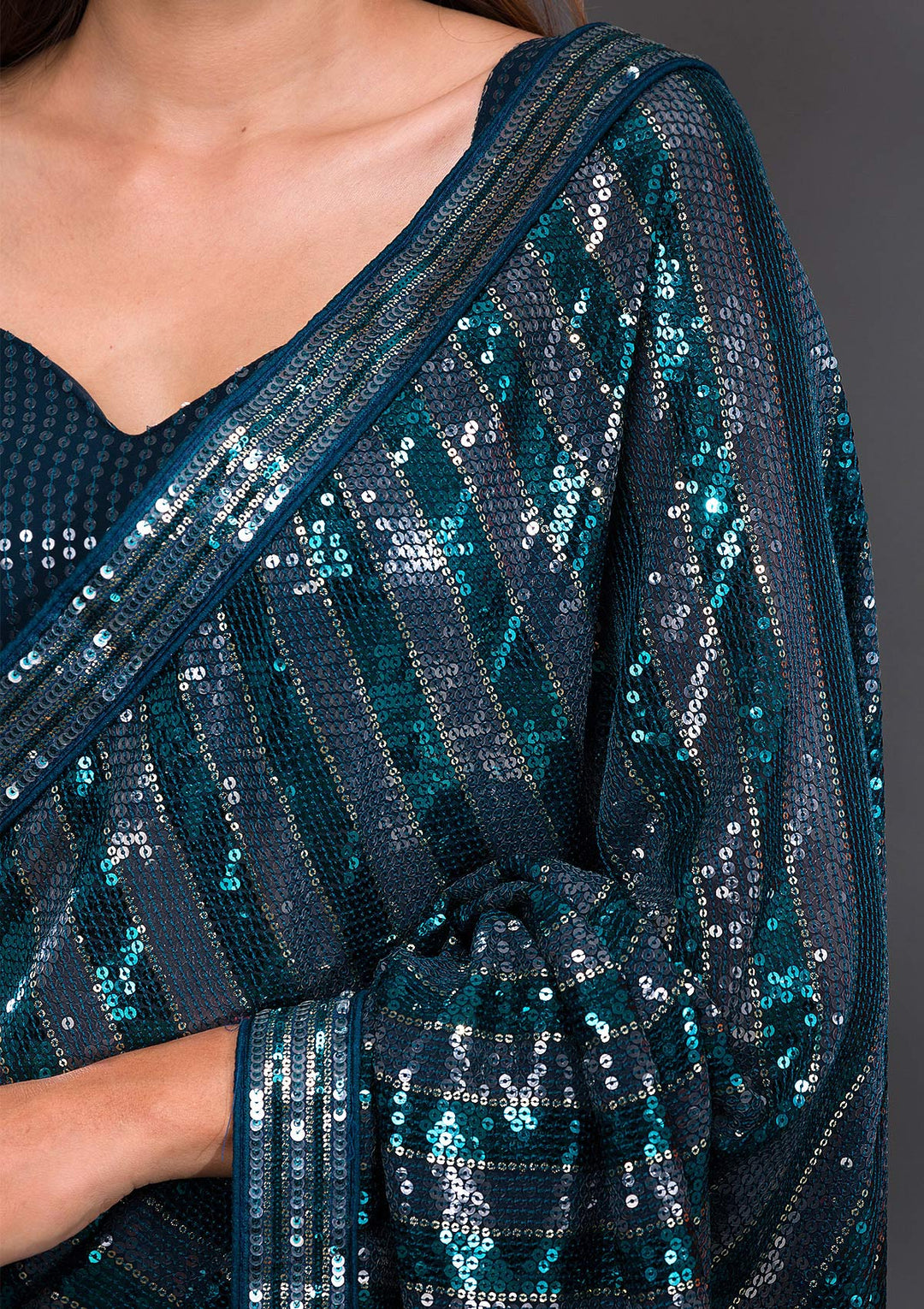 Peacock Blue Sequins Georgette Saree-Koskii