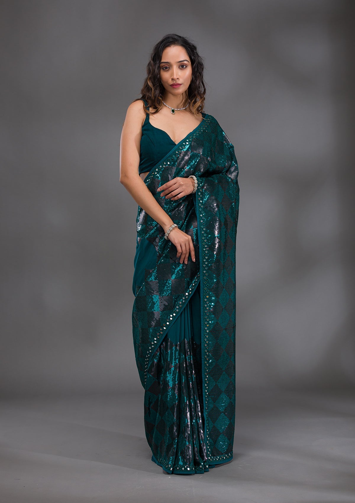 Peacock Blue Sequins Georgette Saree-Koskii