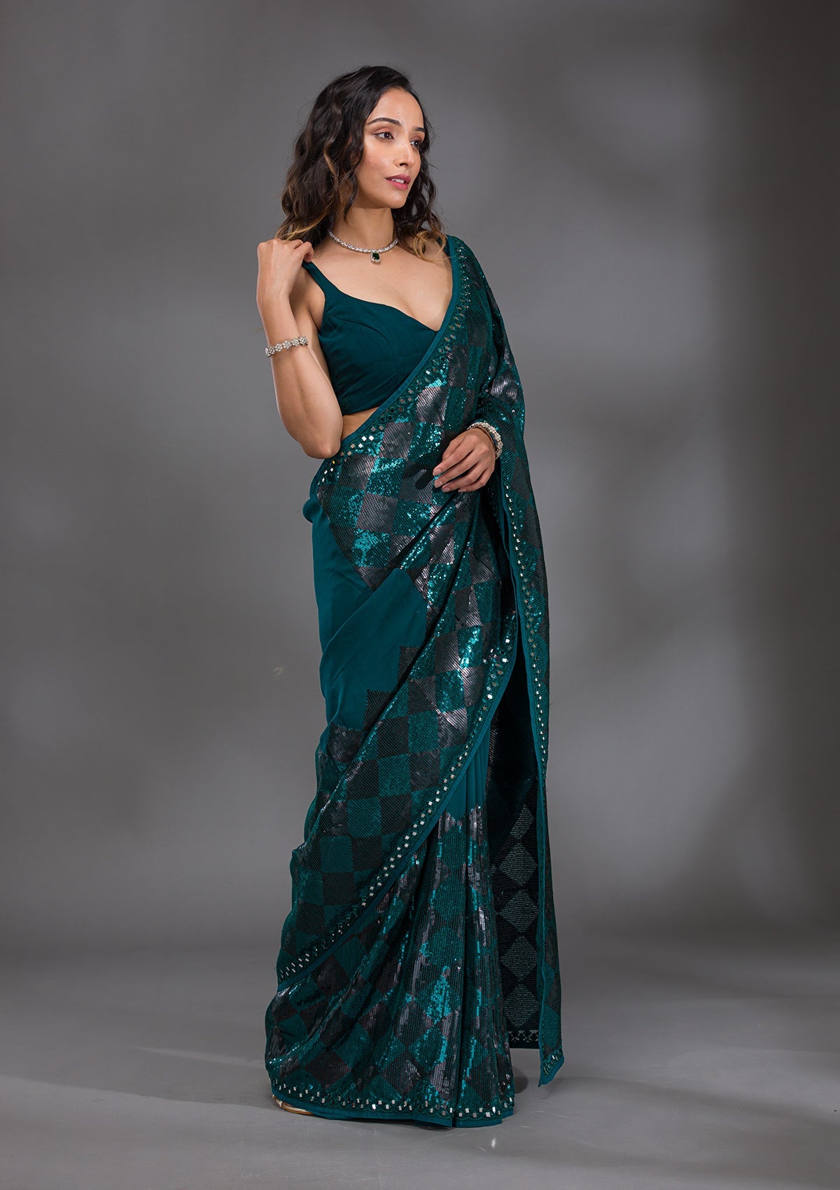 Peacock Blue Sequins Georgette Saree-Koskii