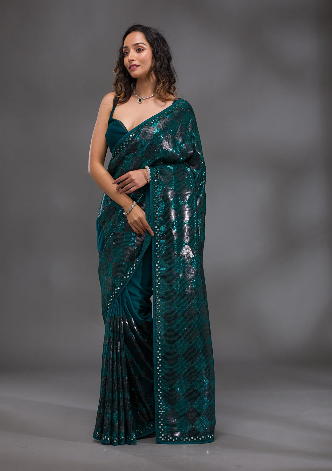 Peacock Blue Sequins Georgette Saree-Koskii