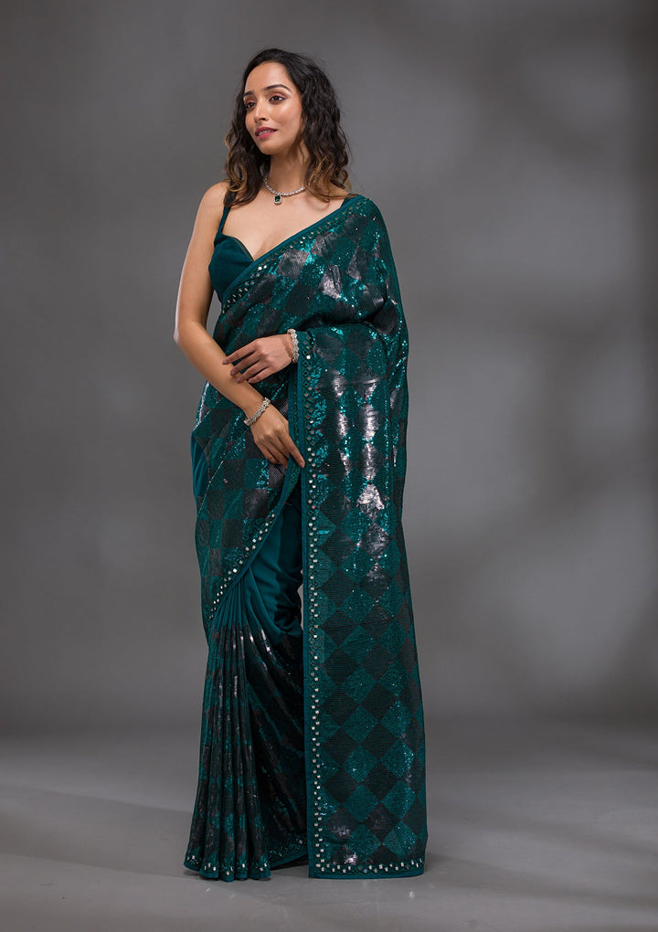 Peacock Blue Sequins Georgette Saree-Koskii