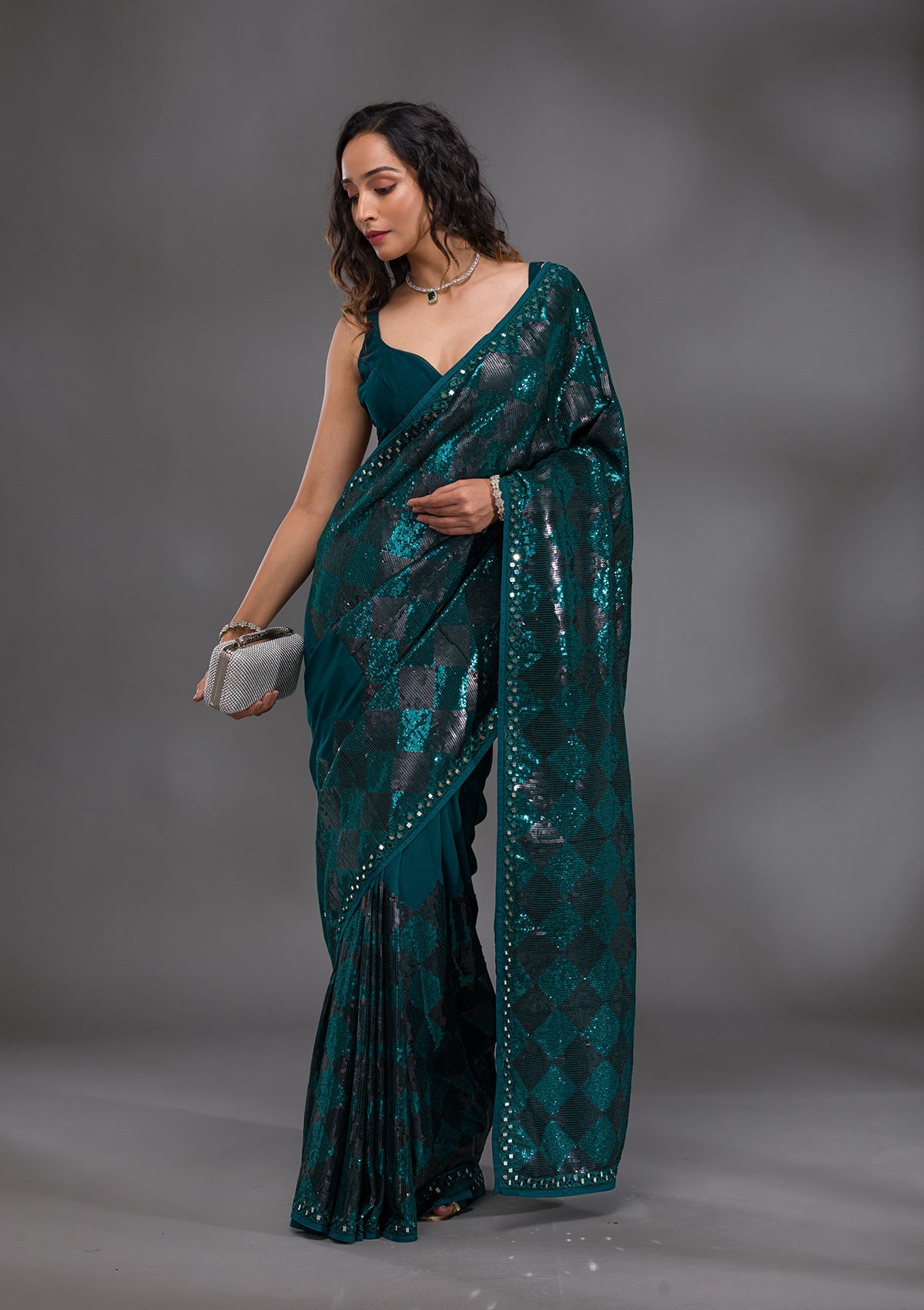 Peacock Blue Sequins Georgette Saree-Koskii