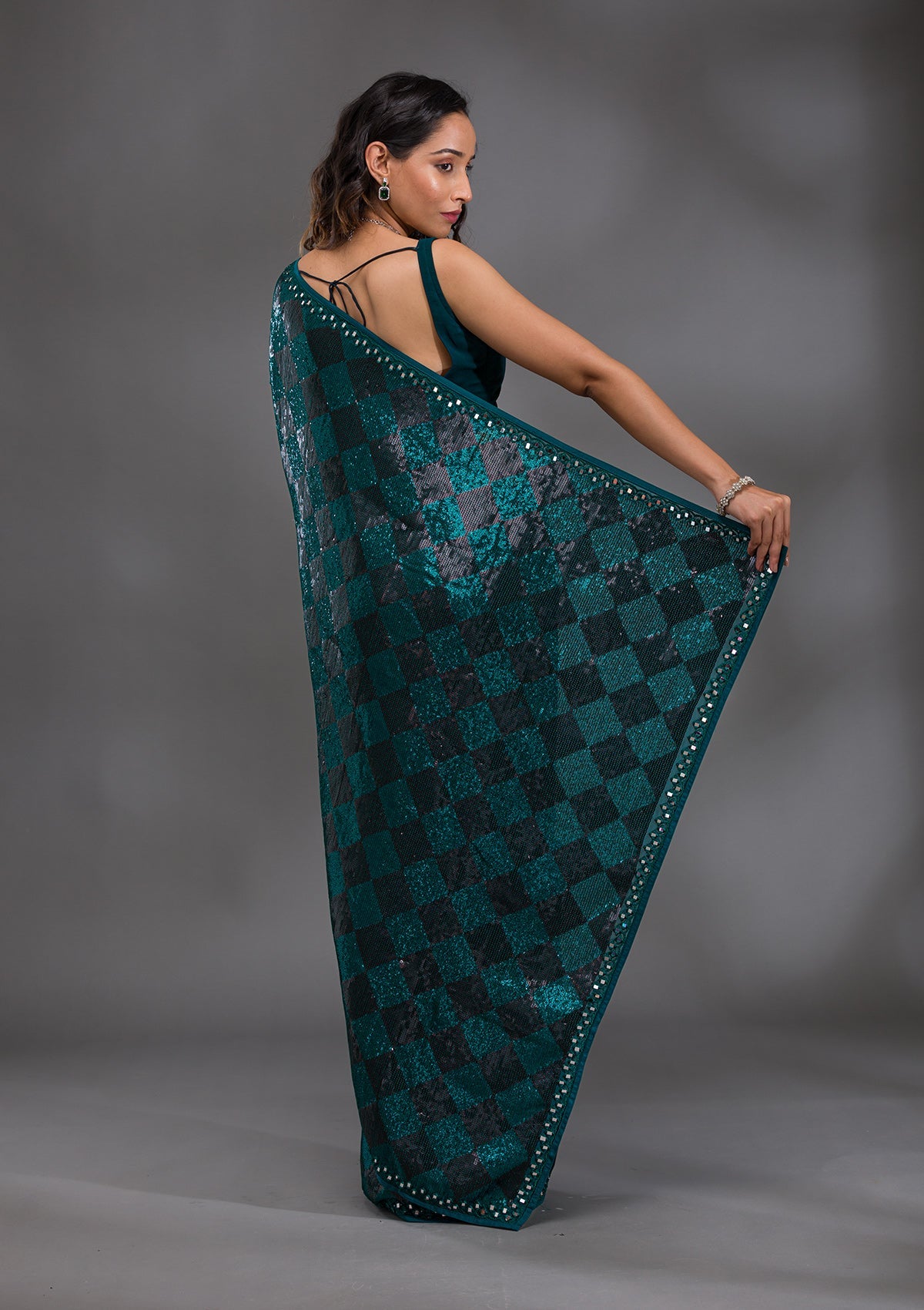 Peacock Blue Sequins Georgette Saree-Koskii