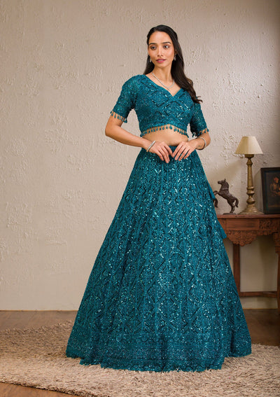 Peacock Blue Sequins Net Readymade Lehenga-Koskii