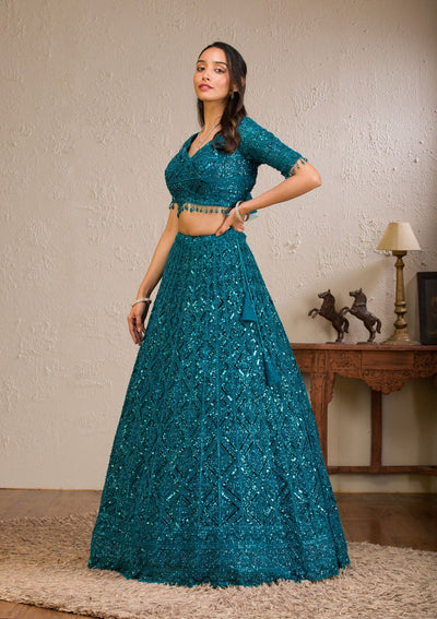 Peacock Blue Sequins Net Readymade Lehenga-Koskii