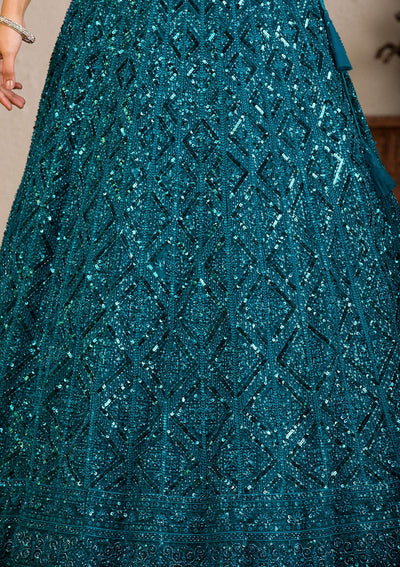 Peacock Blue Sequins Net Readymade Lehenga-Koskii