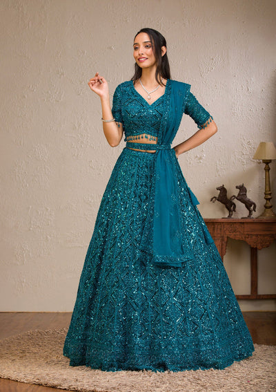 Peacock Blue Sequins Net Readymade Lehenga-Koskii