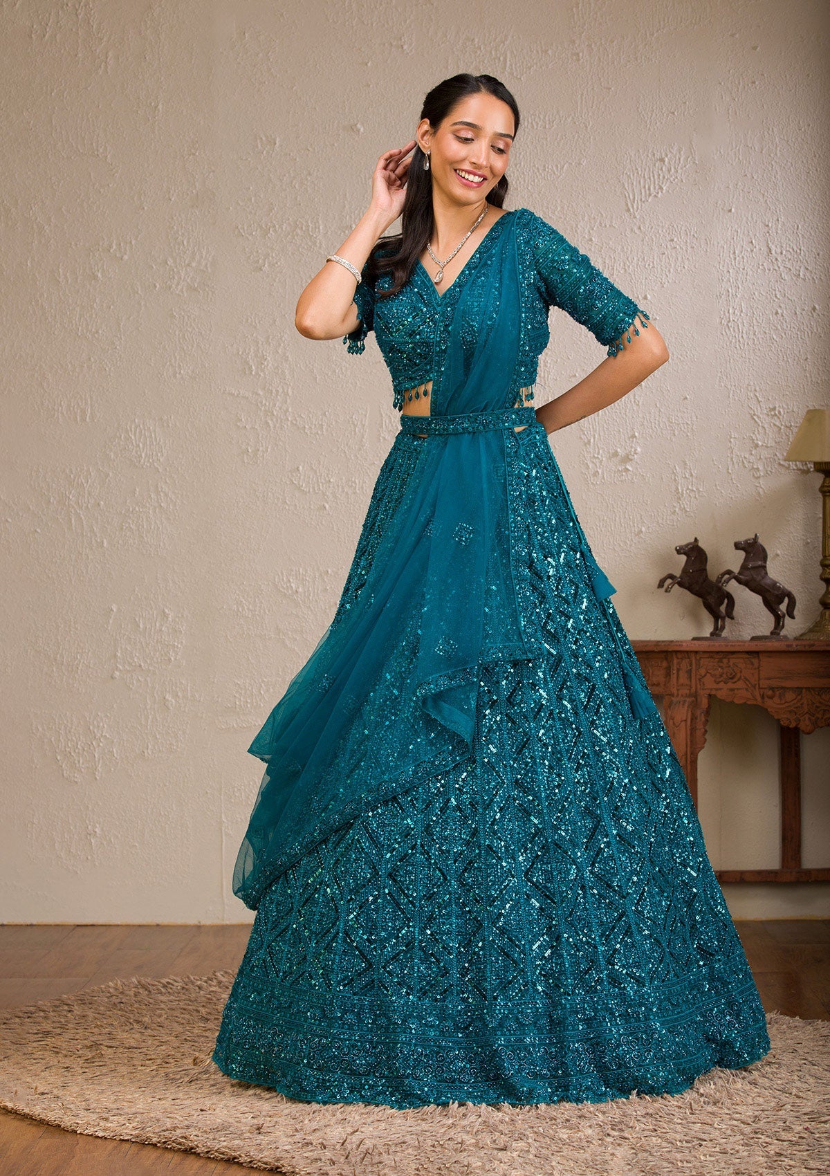 Peacock Blue Sequins Net Readymade Lehenga-Koskii