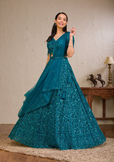 Peacock Blue Sequins Net Readymade Lehenga-Koskii