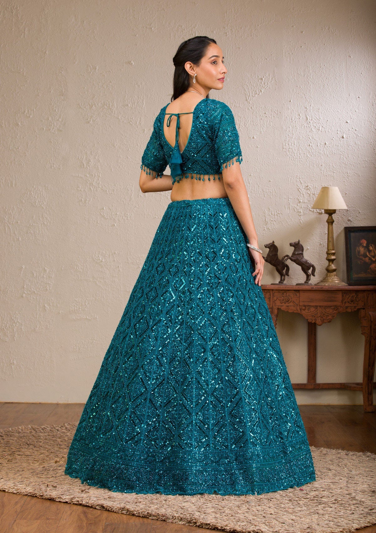 Peacock Blue Sequins Net Readymade Lehenga-Koskii