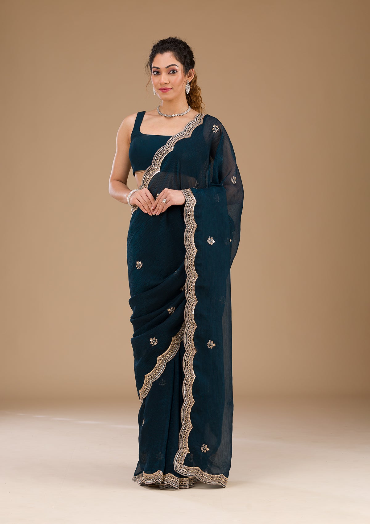 Peacock Blue Sequins Tissue Saree