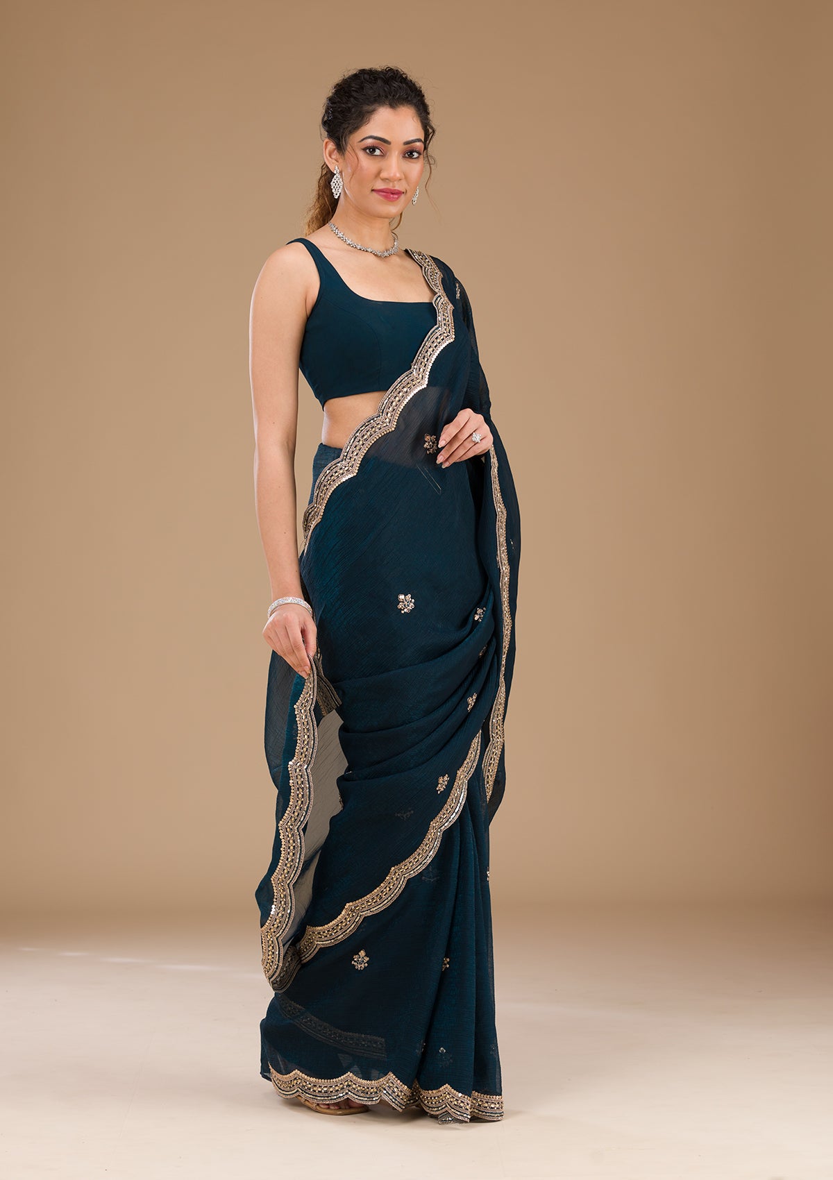 Peacock Blue Sequins Tissue Saree