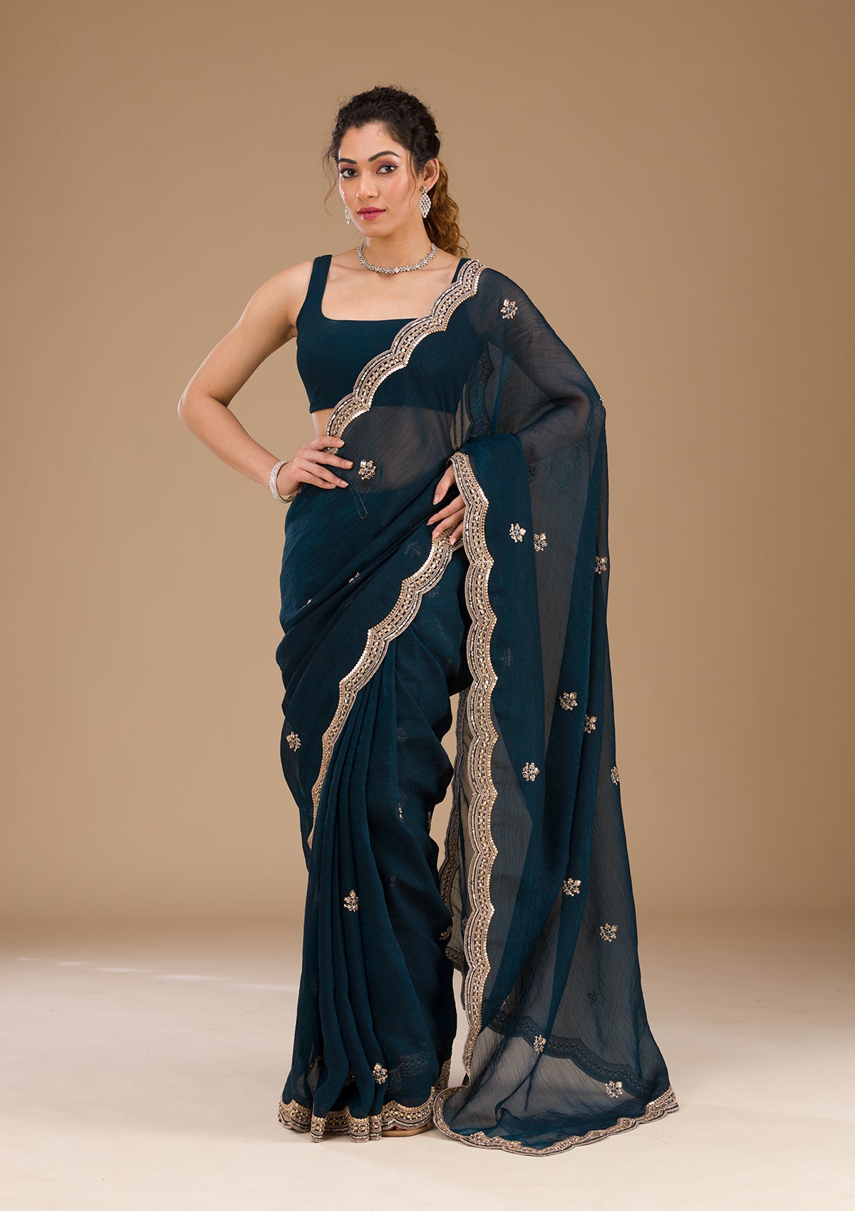 Peacock Blue Sequins Tissue Saree