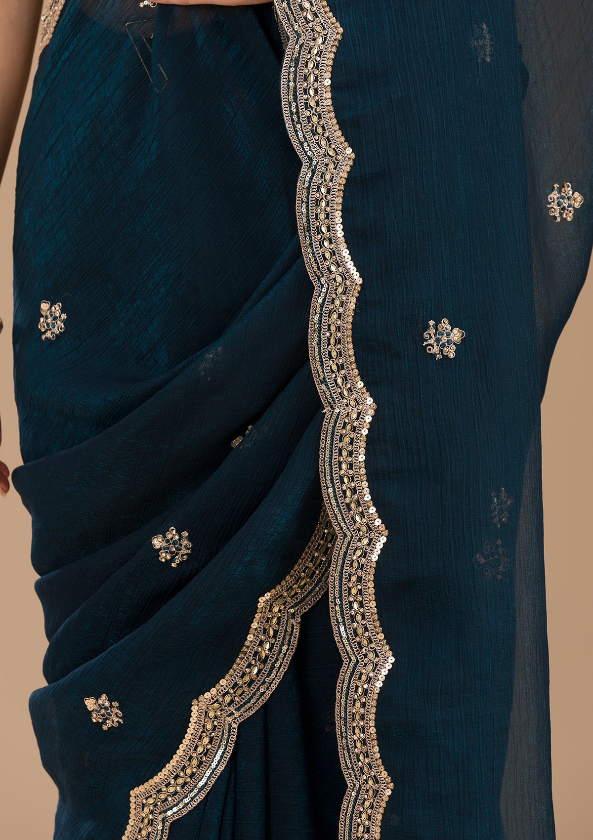 Peacock Blue Sequins Tissue Saree