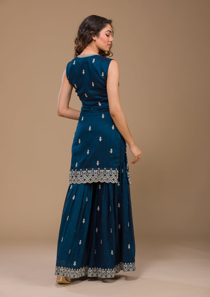 Peacock Blue Silver Zariwork Raw Silk Readymade Salwar Kameez-Koskii