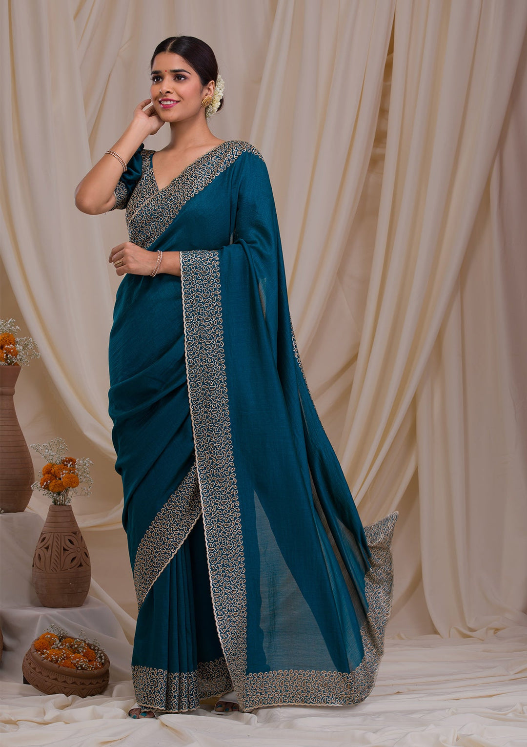 Peacock Blue Stonework Art Silk Saree-Koskii
