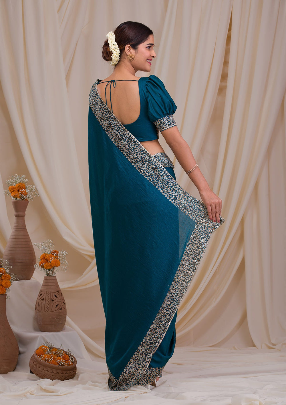 Peacock Blue Stonework Art Silk Saree-Koskii