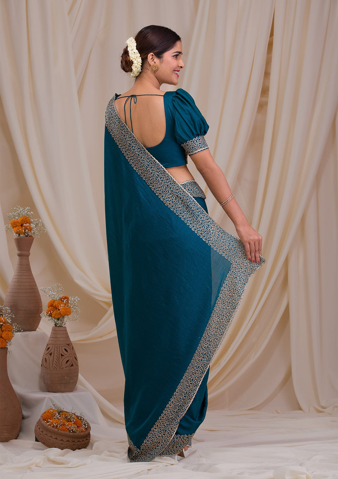 Peacock Blue Stonework Art Silk Saree-Koskii