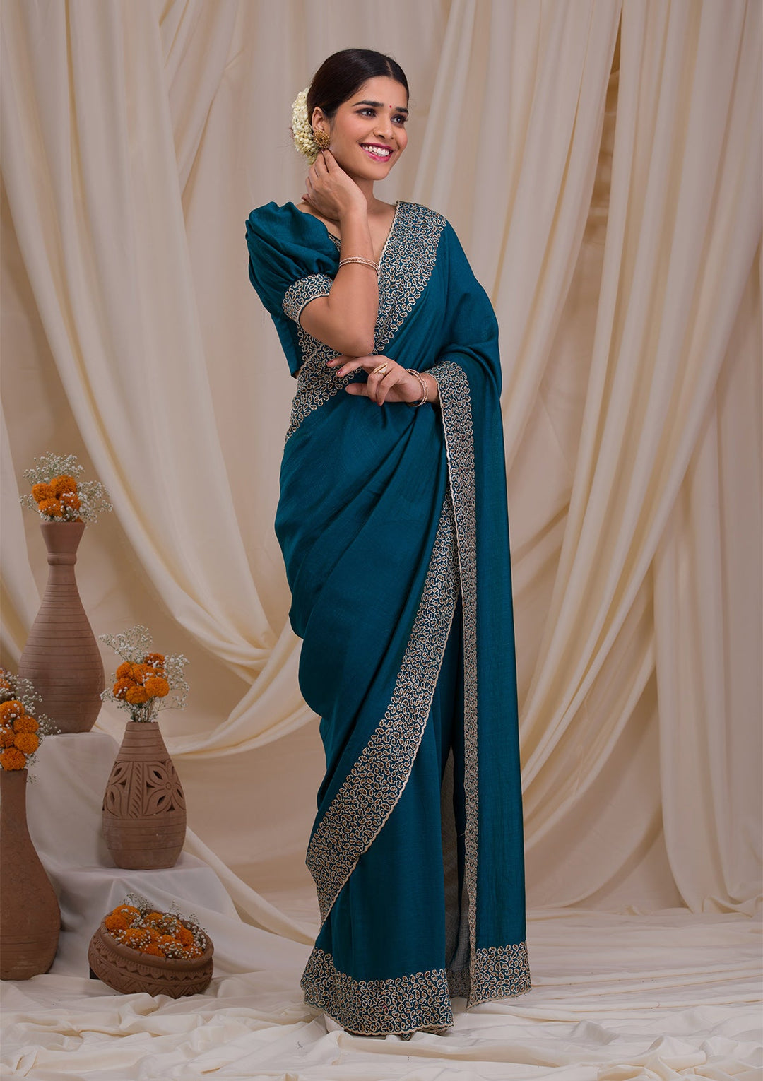 Peacock Blue Stonework Art Silk Saree-Koskii