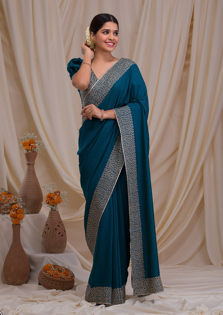 Peacock Blue Stonework Art Silk Saree-Koskii
